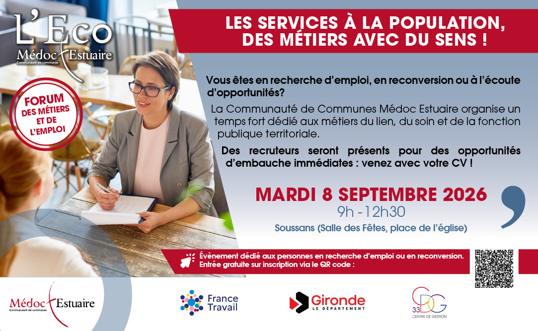Forum des métiers et de l’emploi : Les services à la population, des métiers avec du sens !  Mardi 8 Septembre 2026 – 9h – 12h30 à Soussans